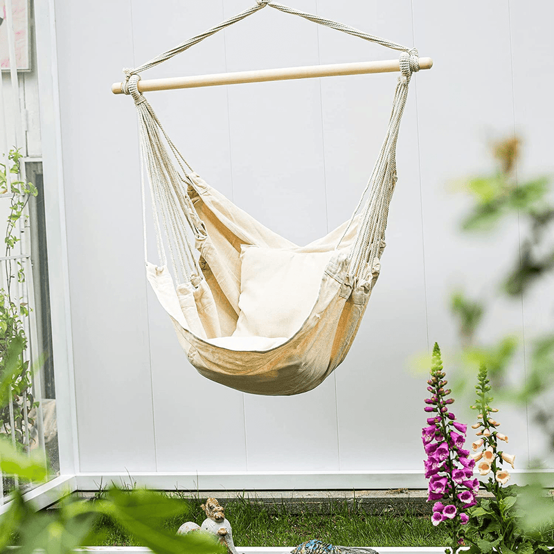 ASTEROUTDOOR Hammock Chair Hanging Rope Swing with 2 Cushions and Wood Spreader Bar for Indoor or Outdoor Use, Beige