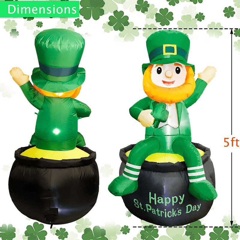 ATDAWN 5Ft St Patricks Day Inflatables Blow up Yard Decorations, Lighted Inflatable Leprechaun Holding Shamrock Sitting on a Pot of Gold for St Patricks Day Indoor Outdoor Yard Garden Decorations