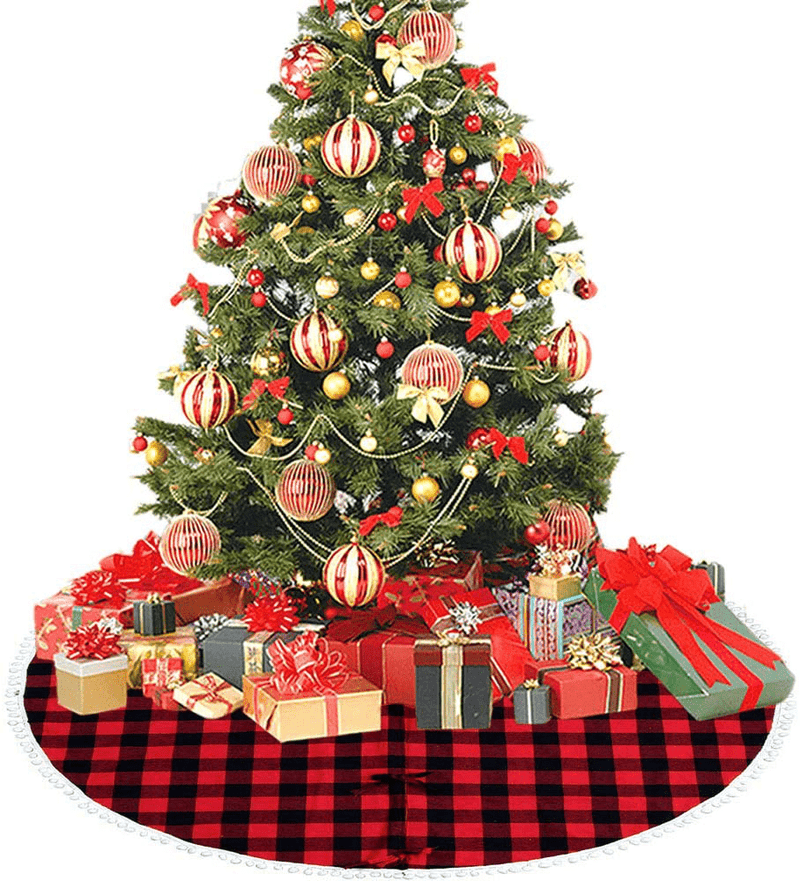 Atiming Buffalo Check Christmas Tree Skirt 48 Inches Red and Black Plaid Xmas Tree Skirt Mat Decor for Christmas Holiday Party New Year Xmas Decoration (Red and Black, 48inch/122cm) Home & Garden > Decor > Seasonal & Holiday Decorations > Christmas Tree Skirts Atiming Red and Black Pom 122CM 