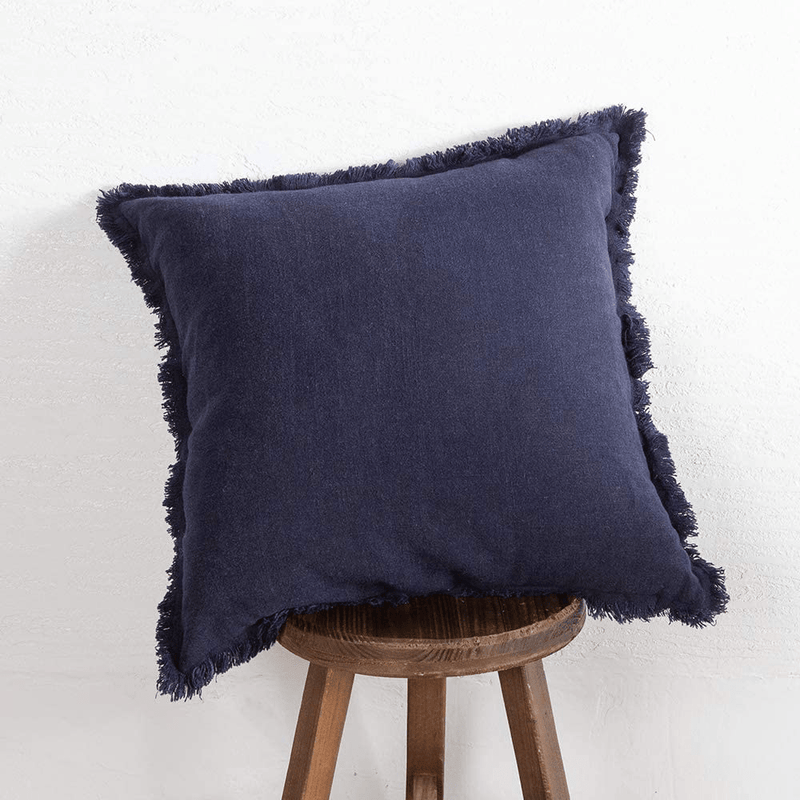 ATLINIA Linen Pillow Cover with Fringes Soft Solid Cushion Cover 20 X 20 Decorative Throw Pillow Cover for Couch Sofa Bed and Outdoor Navy Blue Pillow Cover Home & Garden > Decor > Chair & Sofa Cushions ATLINIA Navy Blue  