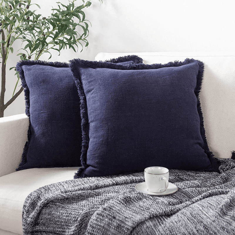 ATLINIA Linen Pillow Cover with Fringes Soft Solid Cushion Cover 20 X 20 Decorative Throw Pillow Cover for Couch Sofa Bed and Outdoor Navy Blue Pillow Cover Home & Garden > Decor > Chair & Sofa Cushions ATLINIA   
