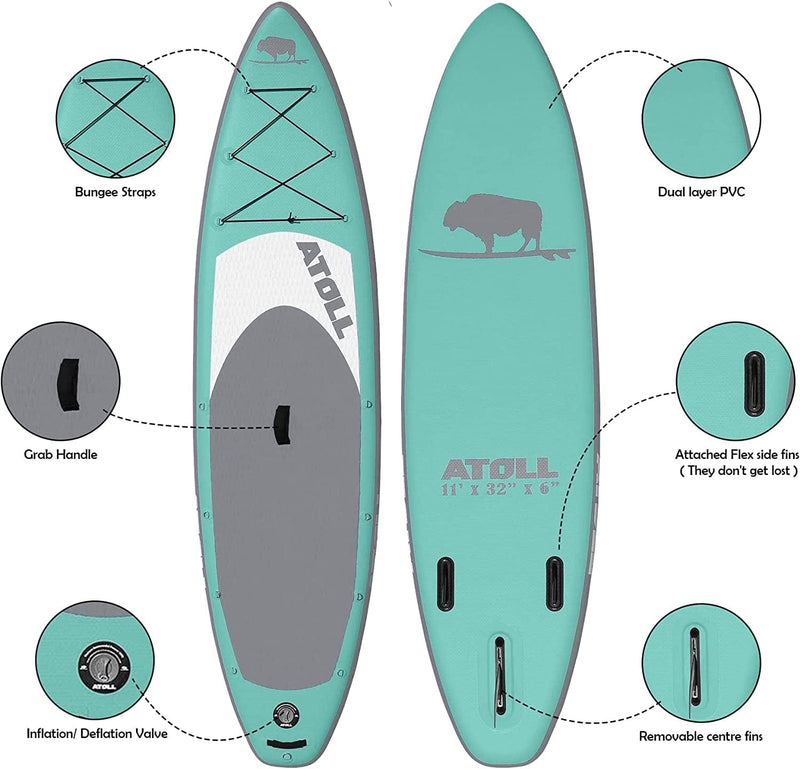 Atoll 11' Foot Inflatable Stand up Paddle Board (6 Inches Thick, 32 Inches Wide) ISUP, Bravo Hand Pump and 3 Piece Paddle, Travel Backpack and Accessories New Leash Included Sporting Goods > Outdoor Recreation > Winter Sports & Activities Atoll Paddle   