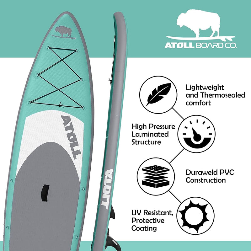 Atoll 11' Foot Inflatable Stand up Paddle Board (6 Inches Thick, 32 Inches Wide) ISUP, Bravo Hand Pump and 3 Piece Paddle, Travel Backpack and Accessories New Leash Included
