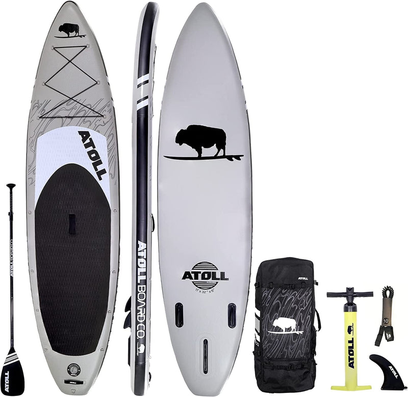 Atoll 11' Foot Inflatable Stand up Paddle Board (6 Inches Thick, 32 Inches Wide) ISUP, Bravo Hand Pump and 3 Piece Paddle, Travel Backpack and Accessories New Leash Included Sporting Goods > Outdoor Recreation > Winter Sports & Activities Atoll Paddle Wolf Grey  
