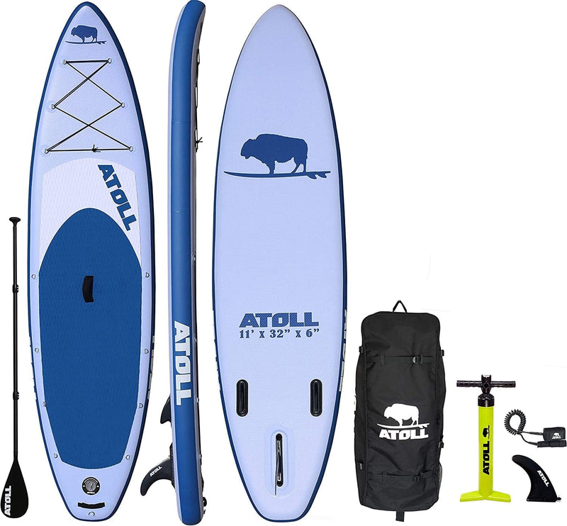 Atoll 11' Foot Inflatable Stand up Paddle Board (6 Inches Thick, 32 Inches Wide) ISUP, Bravo Hand Pump and 3 Piece Paddle, Travel Backpack and Accessories New Leash Included