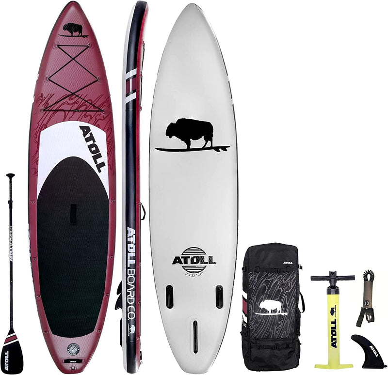 Atoll 11' Foot Inflatable Stand up Paddle Board (6 Inches Thick, 32 Inches Wide) ISUP, Bravo Hand Pump and 3 Piece Paddle, Travel Backpack and Accessories New Leash Included Sporting Goods > Outdoor Recreation > Winter Sports & Activities Atoll Paddle Burgundy  