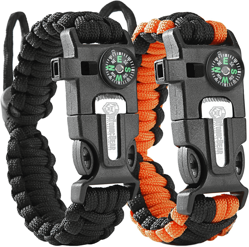 Atomic Bear Paracord Bracelet (2 Pack) - Adjustable - Fire Starter - Loud Whistle - Perfect for Hiking, Camping, Fishing and Hunting - Black & Black+Orange Sporting Goods > Outdoor Recreation > Camping & Hiking > Camping Tools The Atomic Bear   
