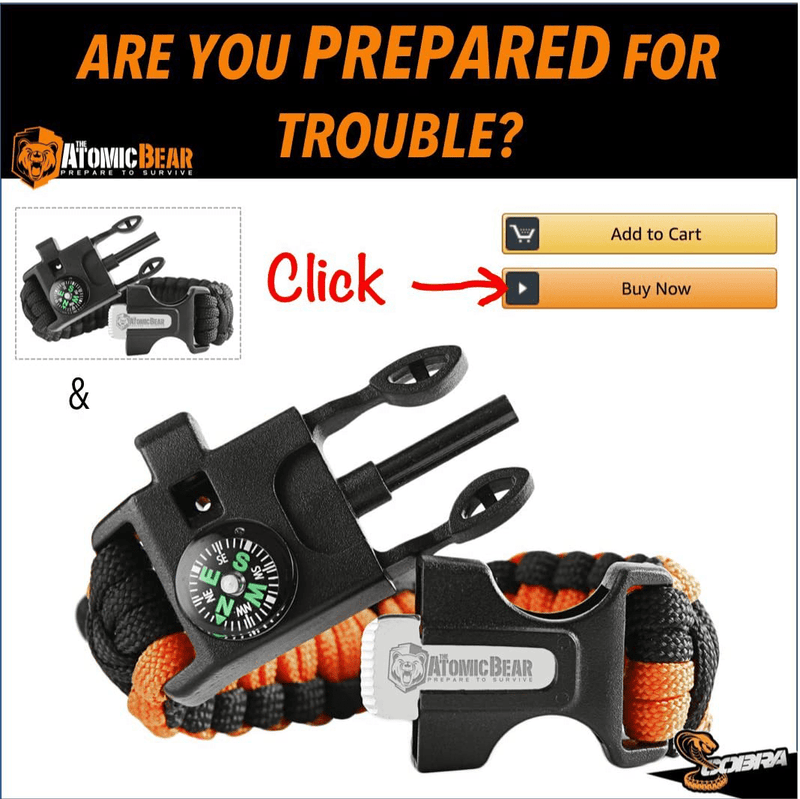 Atomic Bear Paracord Bracelet (2 Pack) - Adjustable - Fire Starter - Loud Whistle - Perfect for Hiking, Camping, Fishing and Hunting - Black & Black+Orange Sporting Goods > Outdoor Recreation > Camping & Hiking > Camping Tools The Atomic Bear   