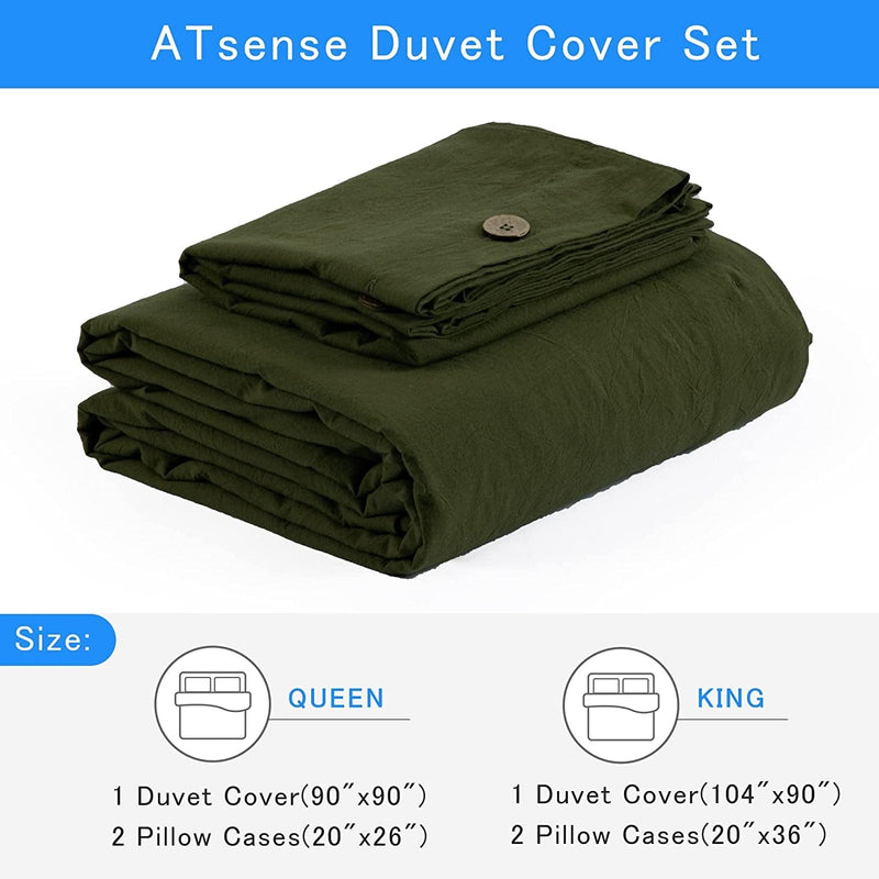 Atsense Duvet Cover Queen Size, 100% Washed Cotton, Linen Feel Ultra Soft and Breathable, 3 Pieces Olive Green Bedding Duvet Cover Set with Button Closure, Durable and Easy Care Comforter Covers Home & Garden > Linens & Bedding > Bedding ATsense.01   