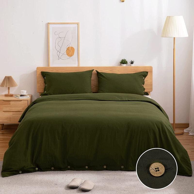Atsense Duvet Cover Queen Size, 100% Washed Cotton, Linen Feel Ultra Soft and Breathable, 3 Pieces Olive Green Bedding Duvet Cover Set with Button Closure, Durable and Easy Care Comforter Covers Home & Garden > Linens & Bedding > Bedding ATsense.01 Olive Green King 104x90 