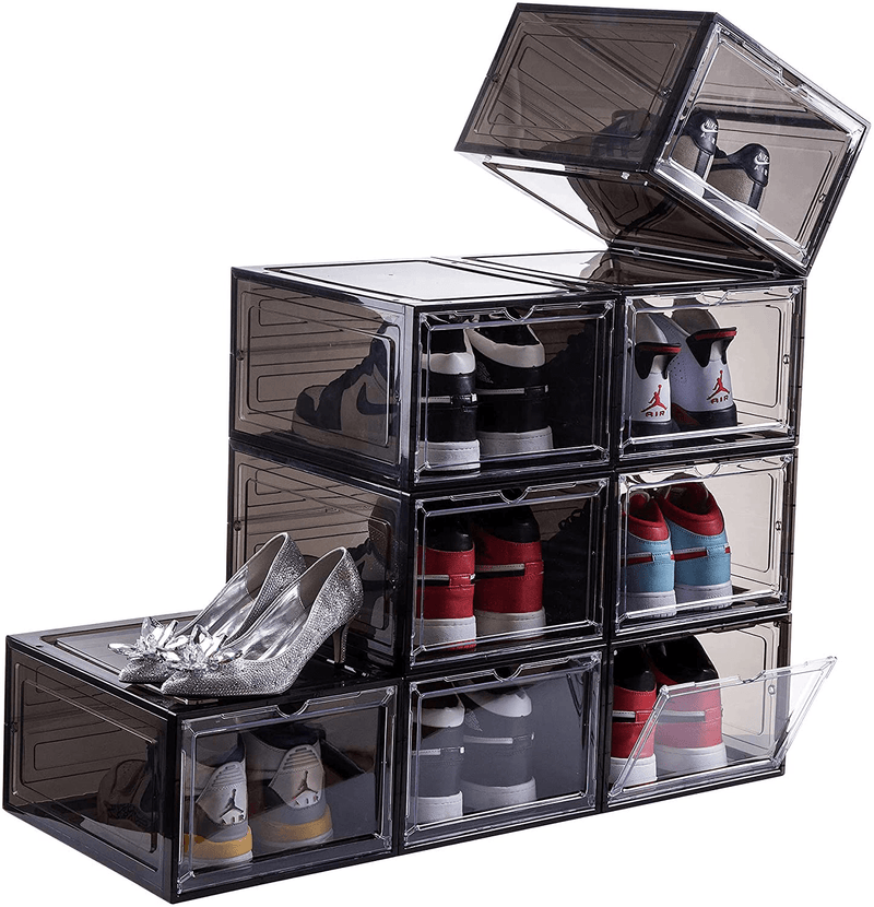 Attelite Clear Shoe Box,Set of 8,Stackable Plastic Shoe Box with Clear Door,As Shoe Storage Box and Drop Front Shoe Box,For Display Sneakers,Easy Assembly,Fit up to US Size 12(13.4”X 10.6”X 7.4”)Clear Furniture > Cabinets & Storage > Armoires & Wardrobes Attelite Black-8-Pack  