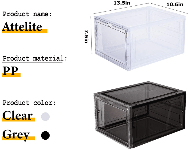 Attelite Clear Shoe Box,Set of 8,Stackable Plastic Shoe Box with Clear Door,As Shoe Storage Box and Drop Front Shoe Box,For Display Sneakers,Easy Assembly,Fit up to US Size 12(13.4”X 10.6”X 7.4”)Clear Furniture > Cabinets & Storage > Armoires & Wardrobes Attelite   