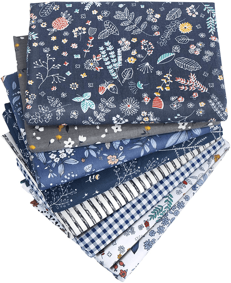 Aubliss 8pcs Fat Quarter Fabric Bundles 20'' x 20''(50cm x 50cm) Cotton Craft Fabric Pre-Cut Squares Sheets for Patchwork Sewing Quilting Fabric(Checked/Striped/Floral) Arts & Entertainment > Hobbies & Creative Arts > Arts & Crafts > Art & Crafting Materials > Textiles > Fabric Aubliss Navy Floral  