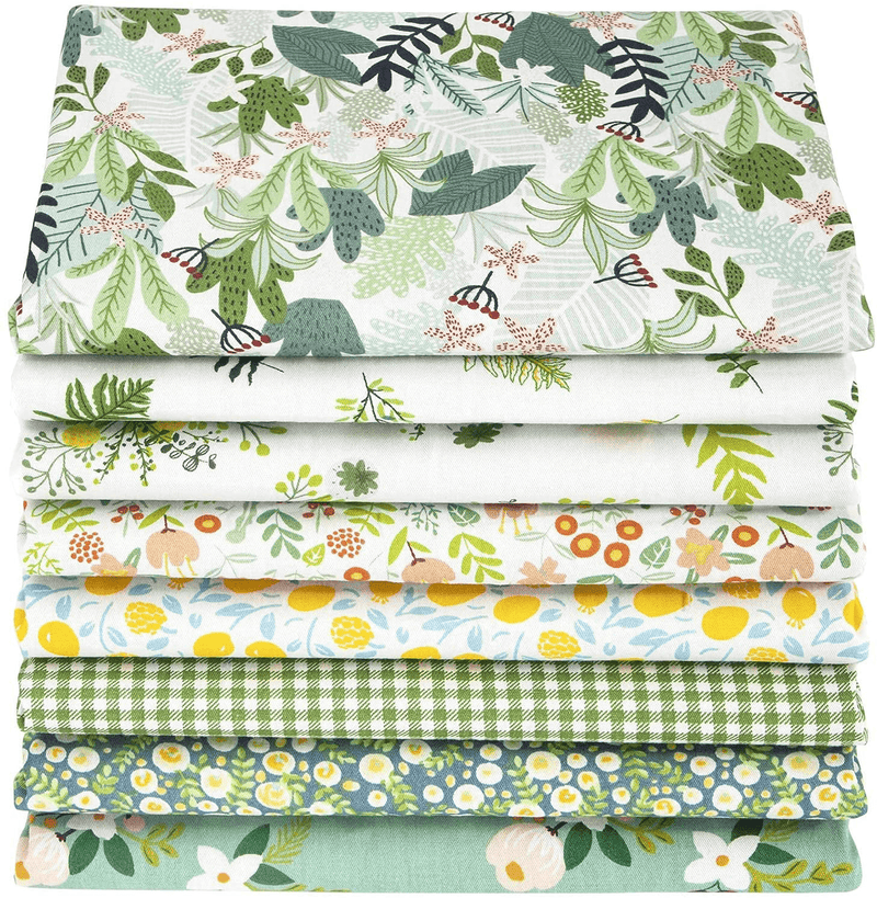 Aubliss 8pcs Fat Quarter Fabric Bundles 20'' x 20''(50cm x 50cm) Cotton Craft Fabric Pre-Cut Squares Sheets for Patchwork Sewing Quilting Fabric(Checked/Striped/Floral) Arts & Entertainment > Hobbies & Creative Arts > Arts & Crafts > Art & Crafting Materials > Textiles > Fabric Aubliss Green Floral  