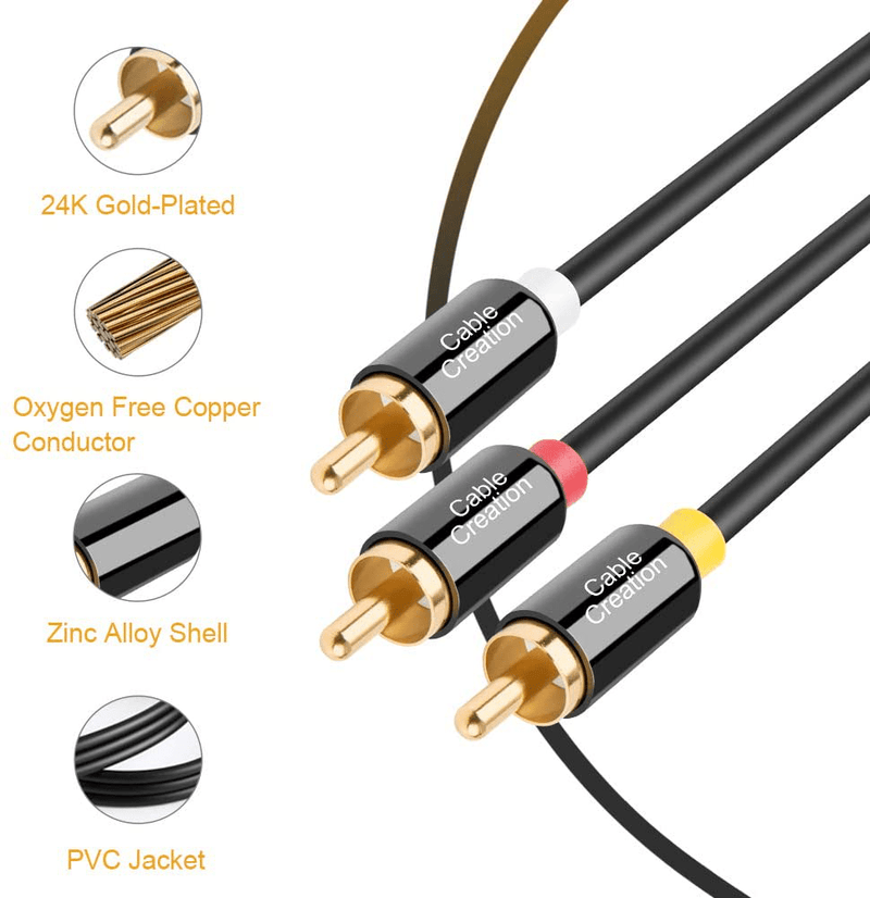 Audio Video RCA Cable, CableCreation 10FT 3RCA to 3RCA Composite AV Cable Compatible with Set-Top Box, Speaker, Amplifier, DVD Player, 24K Gold Plated