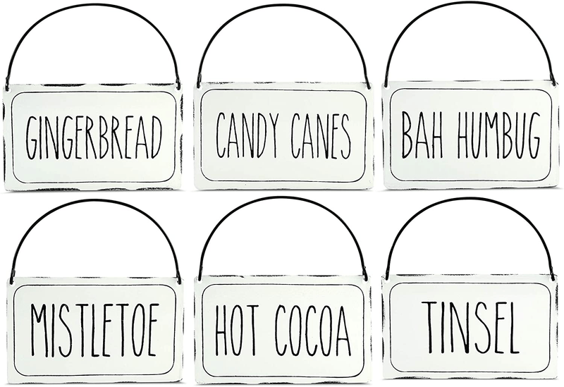Auldhome Rustic Signs Christmas Ornaments (Set of 6); Farmhouse Distressed Enamel Miniature White Signs for Holiday Decorations Home & Garden > Decor > Seasonal & Holiday Decorations& Garden > Decor > Seasonal & Holiday Decorations AuldHome Design White With Black Print  