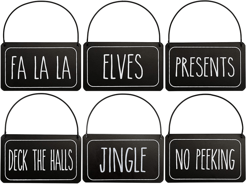 Auldhome Rustic Signs Christmas Ornaments (Set of 6); Farmhouse Distressed Enamel Miniature White Signs for Holiday Decorations Home & Garden > Decor > Seasonal & Holiday Decorations& Garden > Decor > Seasonal & Holiday Decorations AuldHome Design Black With White Print  