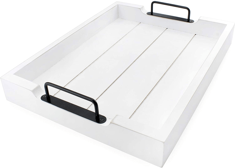 AuldHome Rustic Wood Serving Tray; White Wooden Farmhouse Shiplap Decorative Ottoman Tray with Black Metal Handles, 17 x 13 Inches