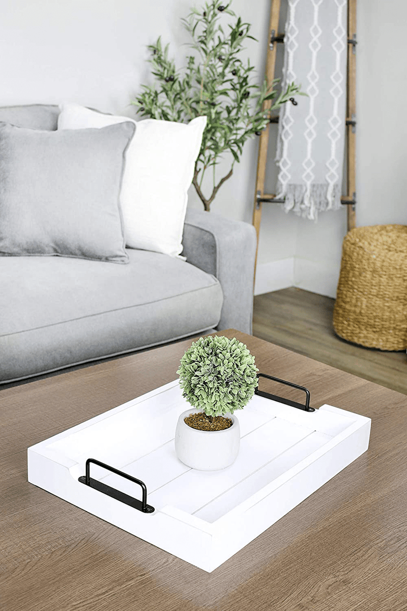 AuldHome Rustic Wood Serving Tray; White Wooden Farmhouse Shiplap Decorative Ottoman Tray with Black Metal Handles, 17 x 13 Inches