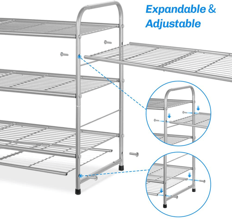 AULEDIO Shoe Rack, Stackable and Adjustable Multi-Function Wire Grid Shoe Organizer Storage, Extra Large Capacity, Space Saving, Fits Boots, High Heels, Slippers and More (3-Tier, Silver)