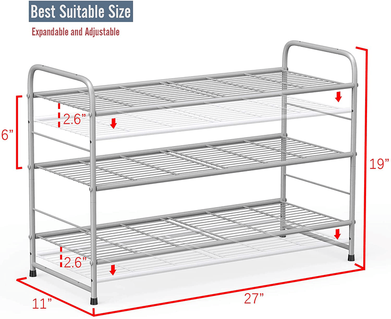 AULEDIO Shoe Rack, Stackable and Adjustable Multi-Function Wire Grid Shoe Organizer Storage, Extra Large Capacity, Space Saving, Fits Boots, High Heels, Slippers and More (3-Tier, Silver)