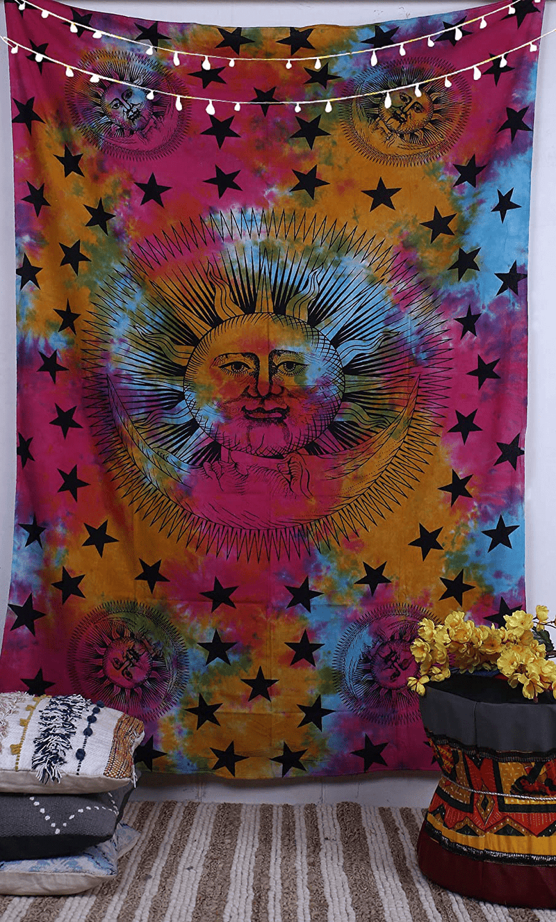 AUNERCART Indian Mandala Wall Hanging Twin Cotton Tapestry Multicolor Psychedelic Celestial Sun Moon Stars Tie Dye Hippie Hippy Bohemian Tapestries Home & Garden > Decor > Artwork > Decorative TapestriesHome & Garden > Decor > Artwork > Decorative Tapestries AUNERCART   