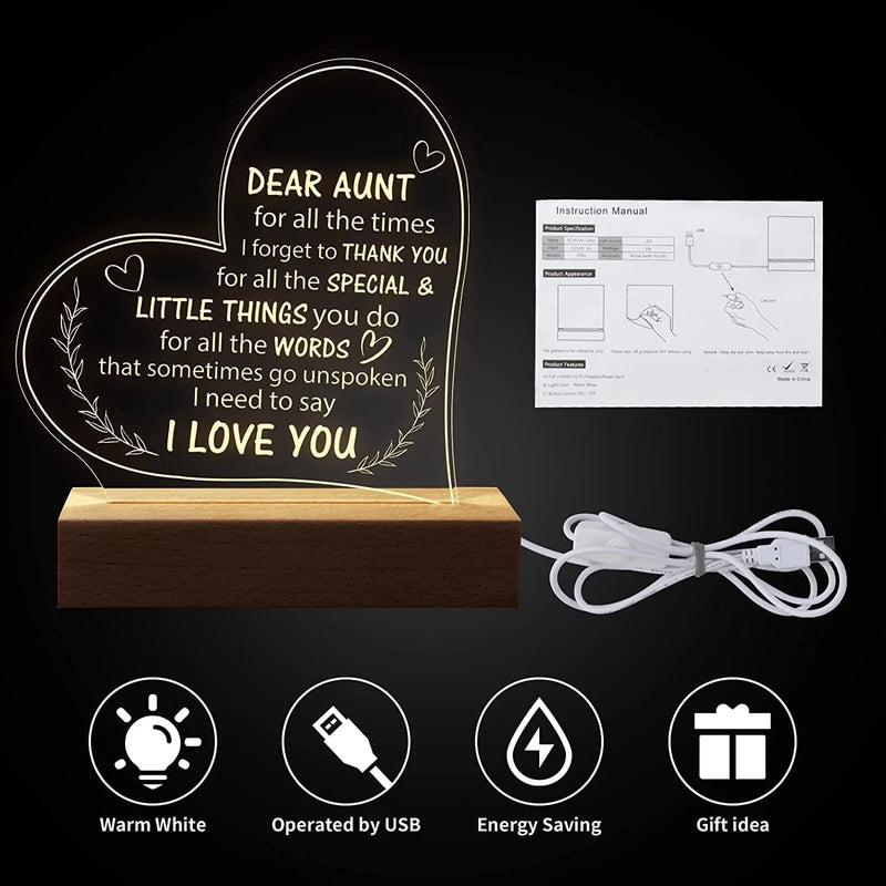Aunt Gifts from Niece, Nephew Engraved Night Light Best Aunt Ever Gifts for Aunt Birthday Christmas Gifts for Aunt 6.9 Inch Acrylic USB Low Power Night Lamps Home & Garden > Lighting > Night Lights & Ambient Lighting Calibron   