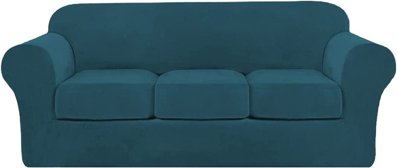 Aurodeco Luxury Velvet Couch Cover 4 Pieces Stretch Sofa Covers for 3 Cushion Couch Soft Slipcover Living Room anti Slip Dogs Pet Sofa Furnitre Protector (Deep Teal, Sofa) Home & Garden > Decor > Chair & Sofa Cushions AuroDeco Deep Teal Sofa 