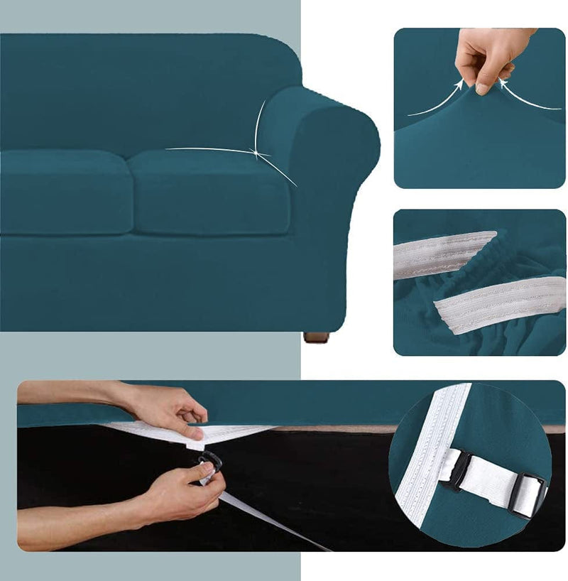 Aurodeco Luxury Velvet Couch Cover 4 Pieces Stretch Sofa Covers for 3 Cushion Couch Soft Slipcover Living Room anti Slip Dogs Pet Sofa Furnitre Protector (Deep Teal, Sofa) Home & Garden > Decor > Chair & Sofa Cushions AuroDeco   