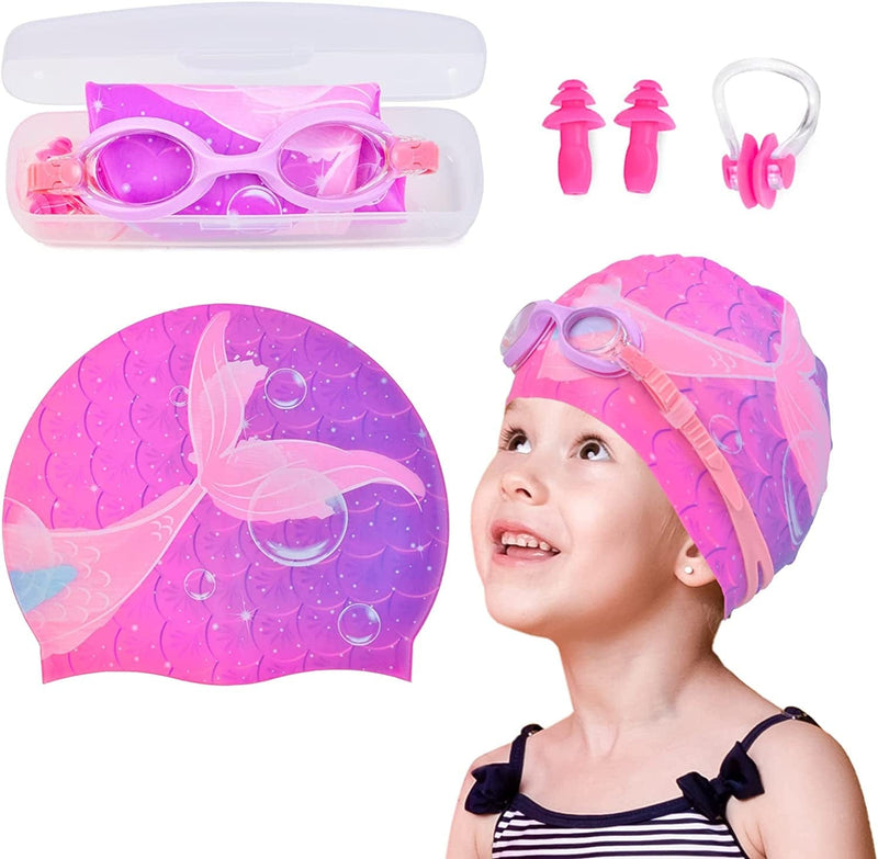 Ausletie Kids Swim Caps for Girls, Silicone Waterproof Swimming Cap for Kids, Durable Comfortable Swimming Caps for Girls, Fit for Long and Short Hair Sporting Goods > Outdoor Recreation > Boating & Water Sports > Swimming > Swim Caps AuSletie Purple Unicorn Age 2-6 