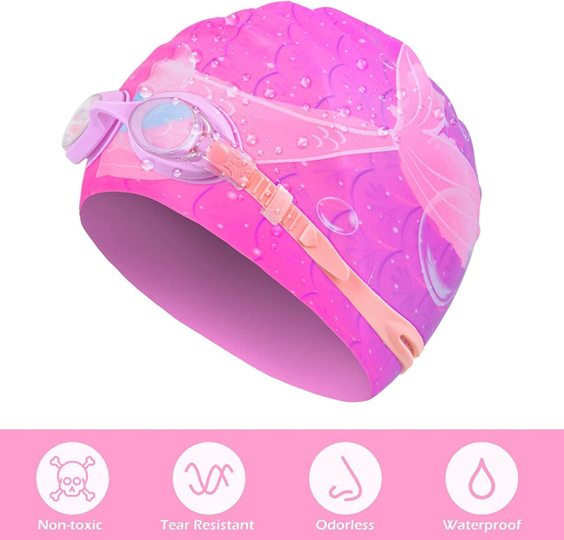 Ausletie Kids Swim Caps for Girls, Silicone Waterproof Swimming Cap for Kids, Durable Comfortable Swimming Caps for Girls, Fit for Long and Short Hair Sporting Goods > Outdoor Recreation > Boating & Water Sports > Swimming > Swim Caps AuSletie   