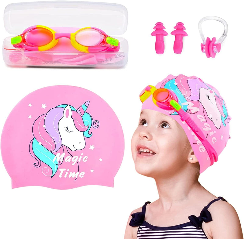 Ausletie Kids Swim Caps for Girls, Silicone Waterproof Swimming Cap for Kids, Durable Comfortable Swimming Caps for Girls, Fit for Long and Short Hair Sporting Goods > Outdoor Recreation > Boating & Water Sports > Swimming > Swim Caps AuSletie Pink Unicorn Age 2-6 