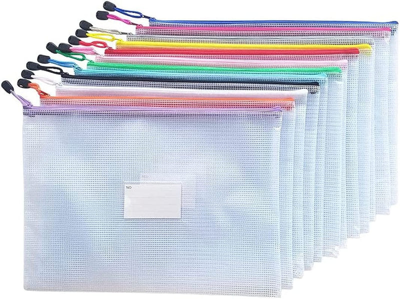 AUSTARK Plastic Mesh Zipper Pouch, 12Pcs Zipper File Bags with Label Pocket, Game Boards Storage Bags, Waterproof Document Storage Bags for Office School Home Travel Cosmetic (A5 Size 9.2X6.7In)