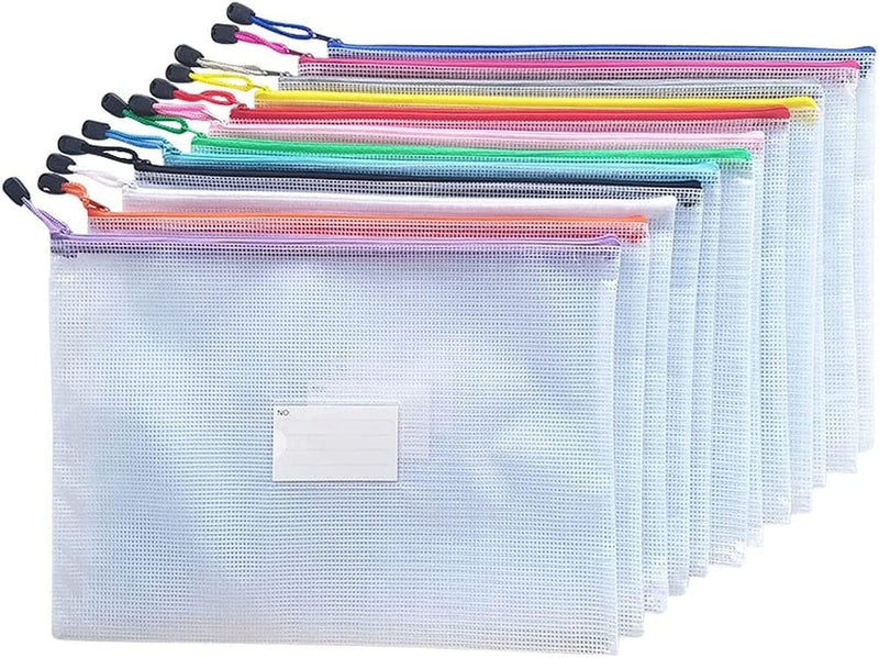 AUSTARK Plastic Mesh Zipper Pouch, 12Pcs Zipper File Bags with Label Pocket, Game Boards Storage Bags, Waterproof Document Storage Bags for Office School Home Travel Cosmetic (A5 Size 9.2X6.7In) Home & Garden > Household Supplies > Storage & Organization AUSTARK A3 Size 16.9x12in  