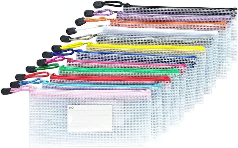AUSTARK Plastic Mesh Zipper Pouch, 12Pcs Zipper File Bags with Label Pocket, Game Boards Storage Bags, Waterproof Document Storage Bags for Office School Home Travel Cosmetic (A5 Size 9.2X6.7In) Home & Garden > Household Supplies > Storage & Organization AUSTARK Receipt Size 9.2x4.1in  