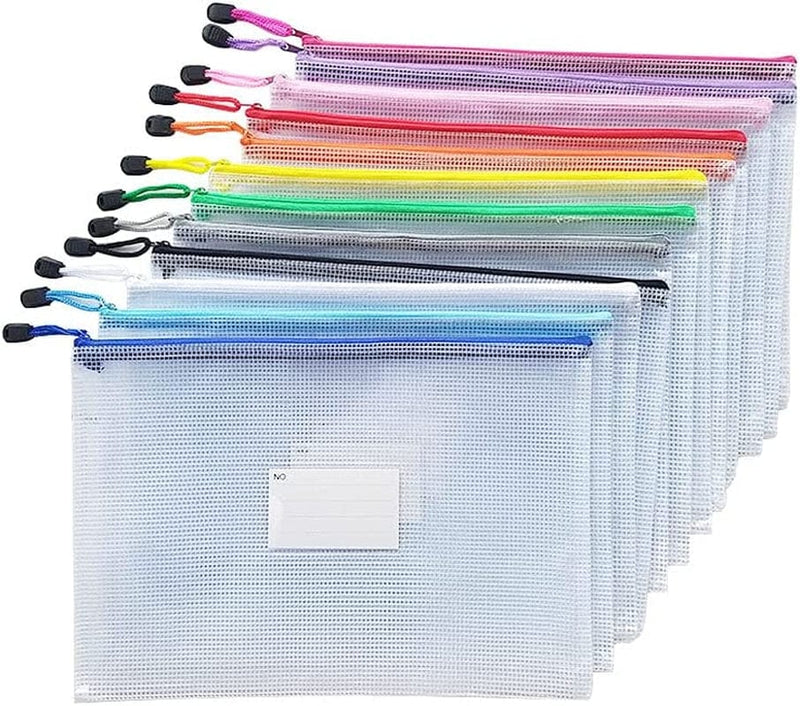AUSTARK Plastic Mesh Zipper Pouch, 12Pcs Zipper File Bags with Label Pocket, Game Boards Storage Bags, Waterproof Document Storage Bags for Office School Home Travel Cosmetic (A5 Size 9.2X6.7In) Home & Garden > Household Supplies > Storage & Organization AUSTARK A4 Size 13.4x9.4in  