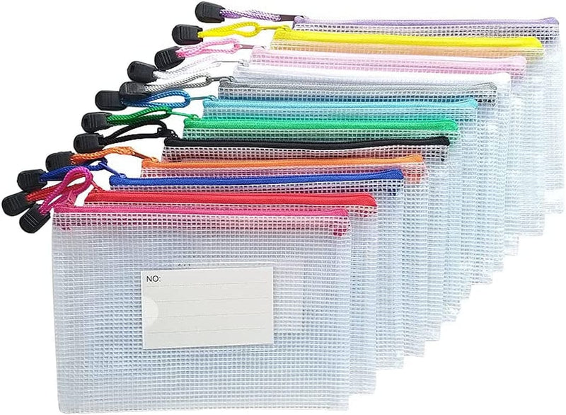 AUSTARK Plastic Mesh Zipper Pouch, 12Pcs Zipper File Bags with Label Pocket, Game Boards Storage Bags, Waterproof Document Storage Bags for Office School Home Travel Cosmetic (A5 Size 9.2X6.7In) Home & Garden > Household Supplies > Storage & Organization AUSTARK B6 Size 7.6x5.3in  