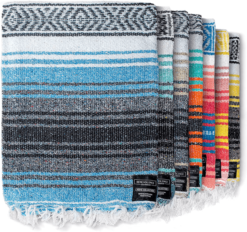 Authentic Mexican Blanket - Park Blanket, Handwoven Serape Blanket, Perfect as Beach Blanket, Picnic Blanket, Outdoor Blanket, Yoga Blanket, Camping Blanket, Car Blanket, Woven Blanket (Coral) Home & Garden > Linens & Bedding > Towels Benevolence LA Skyblue  