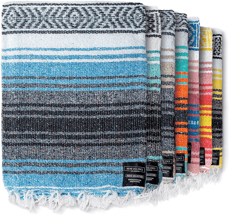 Authentic Mexican Blanket - Picnic Blanket, Handwoven Serape Blanket, Perfect as Beach Blanket, Picnic Blanket, Outdoor Blanket, Yoga Blanket, Camping Blanket, Car Blanket, Woven Blanket (Sand) Home & Garden > Lawn & Garden > Outdoor Living > Outdoor Blankets > Picnic Blankets Benevolence LA Skyblue  