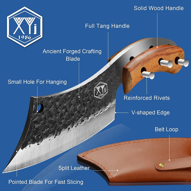 Authentic XYJ FULL TANG 6.2 Inch Kitchen Knife Chef Knives with Carrying Leather Knife Sheath High Carbon Steel Slicing Cutting Butcher Knives for Meat Vegetable Cooking Tool
