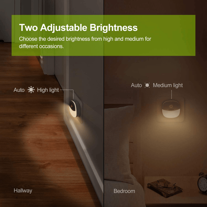 AUVON Plug-in LED Motion Sensor Night Light, Mini Warm White LED Nightlight with Dusk to Dawn Motion Sensor, Adjustable Brightness for Bedroom, Bathroom, Kitchen, Hallway, Stairs (4 Pack)