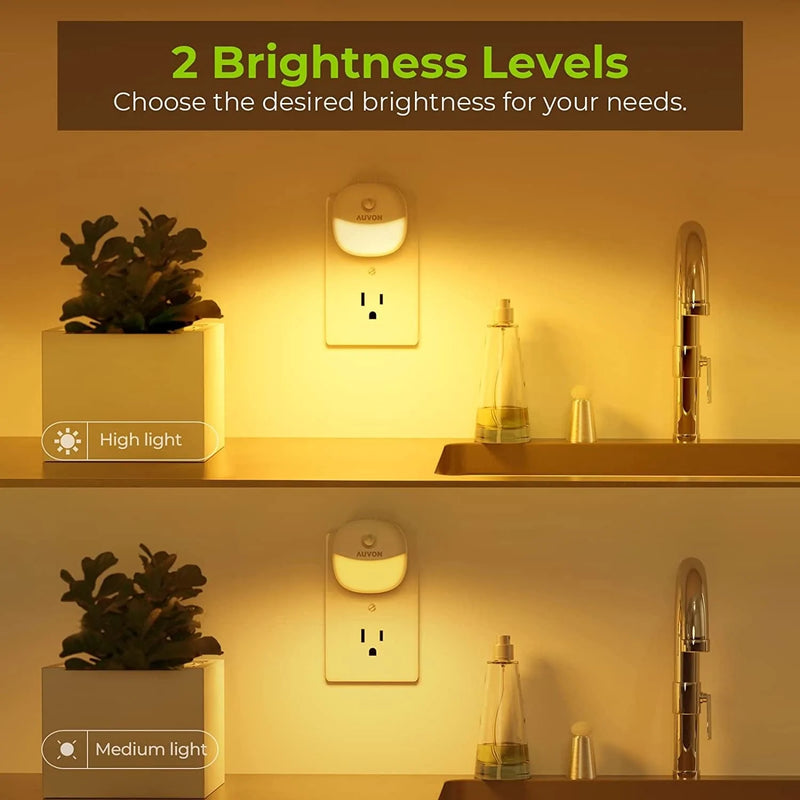 AUVON Plug-In LED Motion Sensor Night Light, Mini Warm White LED Nightlight with Dusk to Dawn Motion Sensor, Adjustable Brightness for Bedroom, Bathroom, Kitchen, Hallway, Stairs (4 Pack)