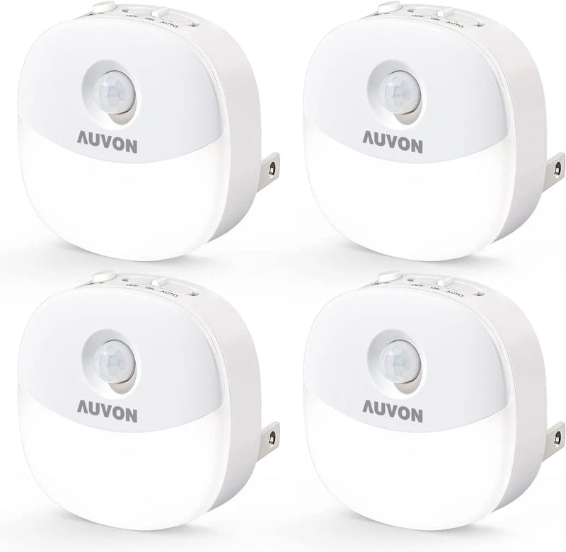 AUVON Plug-In LED Motion Sensor Night Light, Mini Warm White LED Nightlight with Dusk to Dawn Motion Sensor, Adjustable Brightness for Bedroom, Bathroom, Kitchen, Hallway, Stairs (4 Pack)