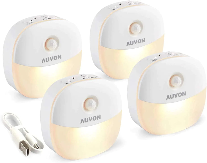 AUVON Rechargeable Mini Motion Sensor Night Light, 2Nd Gen Warm White LED Stick-On Closet Light with Dusk to Dawn Sensor, Adjustable Brightness for Wall, Stairs, Cabinet, Hallway (4 Pack) Home & Garden > Lighting > Night Lights & Ambient Lighting AUVON   
