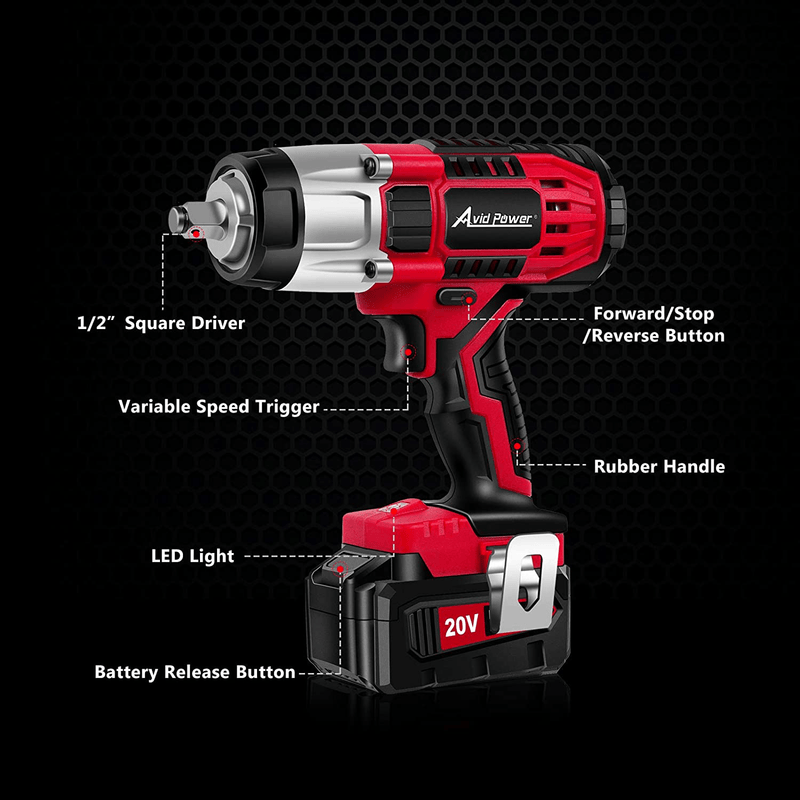 AVID POWER 20V MAX Cordless Impact Wrench with 1/2"Chuck, Max Torque 330 ft-lbs (450N.m), 3.0A Li-ion Battery, 4Pcs Drive Impact Sockets, 1 Hour Fast Charger and Tool Bag, Avid Power Hardware > Tools > Multifunction Power Tools Avid Power   