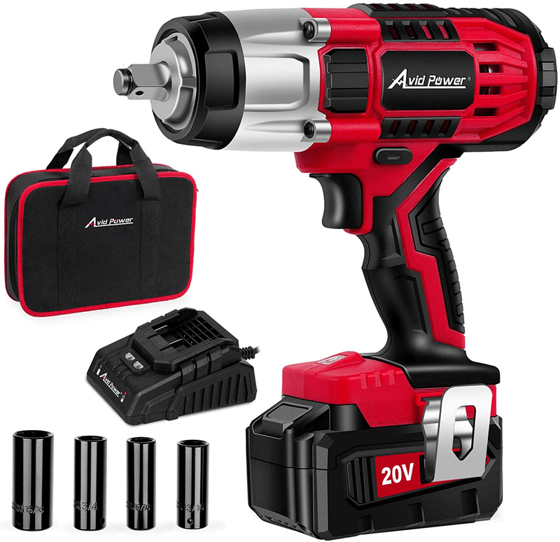 AVID POWER 20V MAX Cordless Impact Wrench with 1/2"Chuck, Max Torque 330 ft-lbs (450N.m), 3.0A Li-ion Battery, 4Pcs Drive Impact Sockets, 1 Hour Fast Charger and Tool Bag, Avid Power Hardware > Tools > Multifunction Power Tools Avid Power 1-Red  