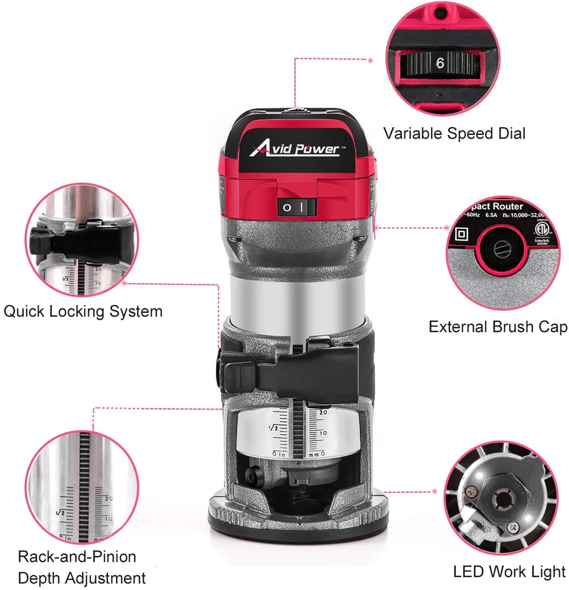 AVID POWER 6.5-Amp 1.25 HP Compact Router with Fixed Base, 5 Trim Router Bits, Variable Speed, Edge Guide, Roller Guide and Dust Hood, Avid Power Hardware > Tools > Multifunction Power Tools Avid Power   