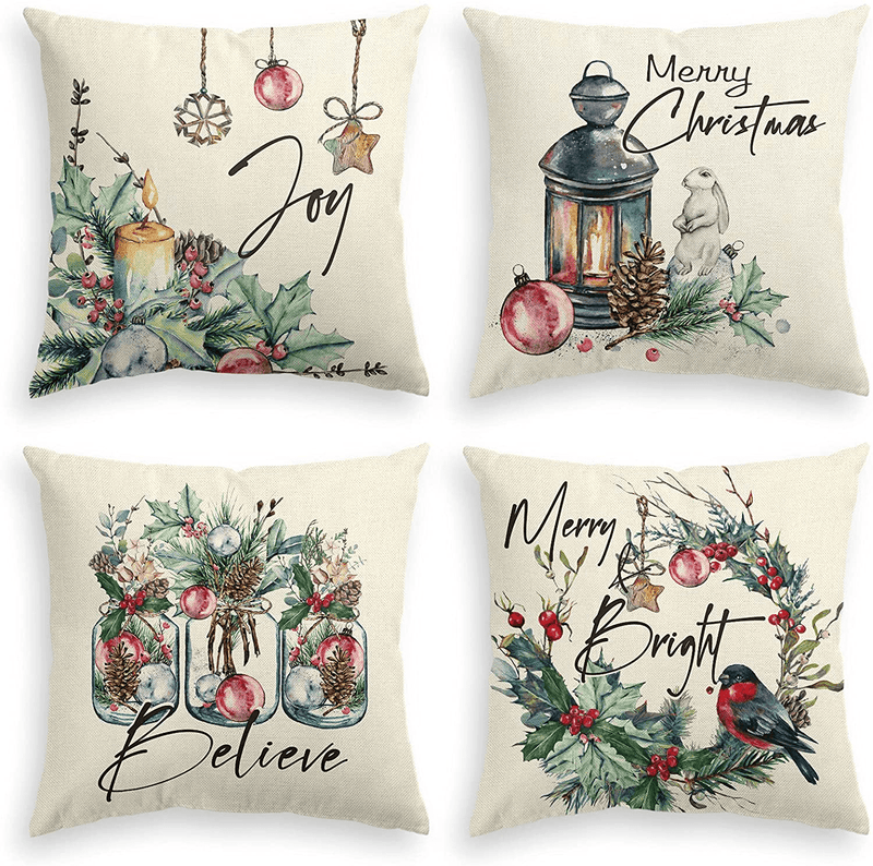 AVOIN colorlife Christmas Holly Red Berry Throw Pillow Cover, 18 x 18 Inch Candle Cardinals Lantern Jar Ornament Holiday Cushion Case Decoration for Sofa Couch Set of 4 Home & Garden > Decor > Seasonal & Holiday Decorations& Garden > Decor > Seasonal & Holiday Decorations AVOIN colorlife   