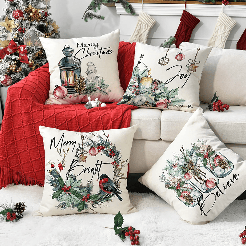 AVOIN colorlife Christmas Holly Red Berry Throw Pillow Cover, 18 x 18 Inch Candle Cardinals Lantern Jar Ornament Holiday Cushion Case Decoration for Sofa Couch Set of 4 Home & Garden > Decor > Seasonal & Holiday Decorations& Garden > Decor > Seasonal & Holiday Decorations AVOIN colorlife   