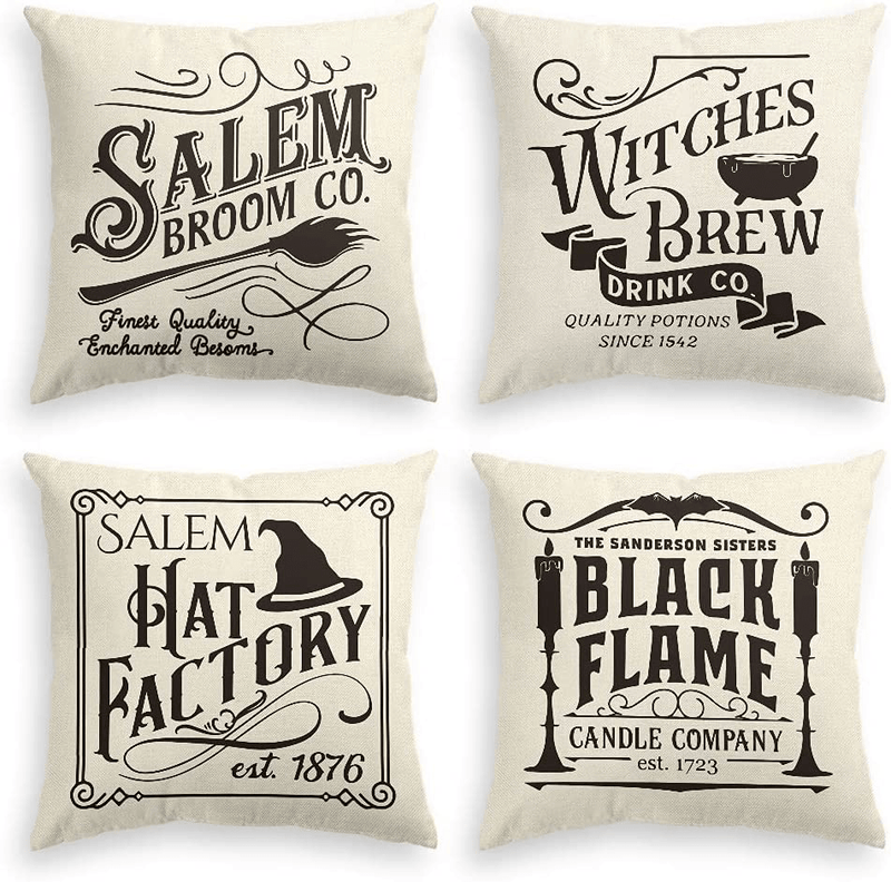 AVOIN colorlife Halloween Salem Broom Witches Brew Hat Factory Throw Pillow Cover, 18 x 18 Inch Candle Black Flame Cushion Case for Sofa Couch Set of 4 Arts & Entertainment > Party & Celebration > Party Supplies AVOIN colorlife Default Title  